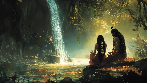Divine couple share tranquil moment beside forest waterfall.