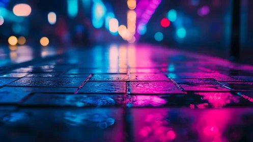 Wet cobblestone pavement reflects neon bokeh in shallow depth of field