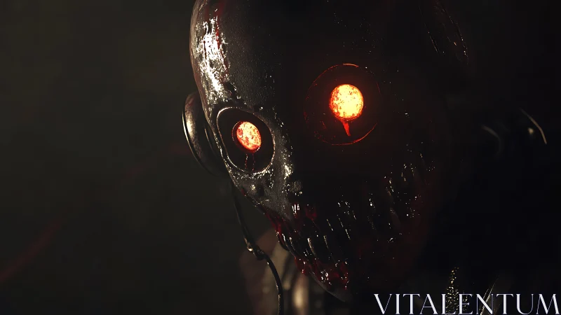 Backlit chrome skull drone reveals molten optic cores in darkness