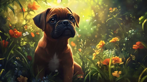 Puppy portrait rendered in soft bokeh light within dense wildflowers