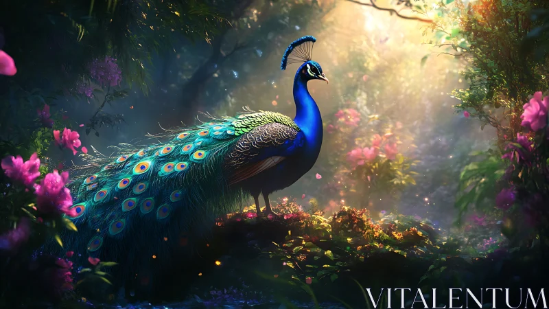 Peacock standing in dense flowering forest under soft light.