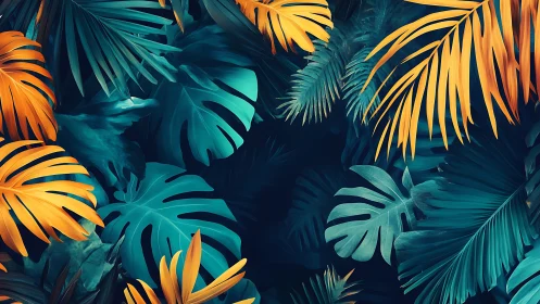 Lush tropical leaves glow in bold teal and golden orange harmony