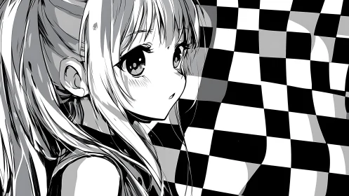 Monochrome anime portrait set before warped checkerboard field