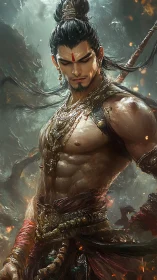 Storm-forged warrior prince glows in ember-lit tempest.