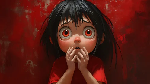 Child figure with enlarged eyes against textured red wall.