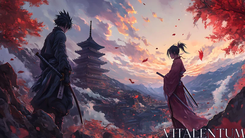 Samurai duel framed by autumn pagoda and burning sunset sky.