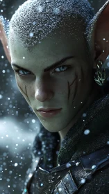 Elf warrior portrait shows cold stare amid falling snowflakes