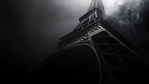 Moody Eiffel Tower rises through dramatic swirling Paris fog