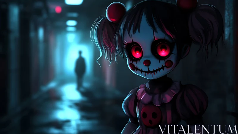Doll-like figure with red eyes in dim corridor at night.