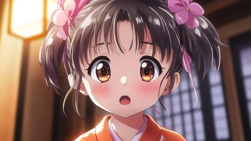 Bright eyed girl in kimono gazes up with gentle surprise