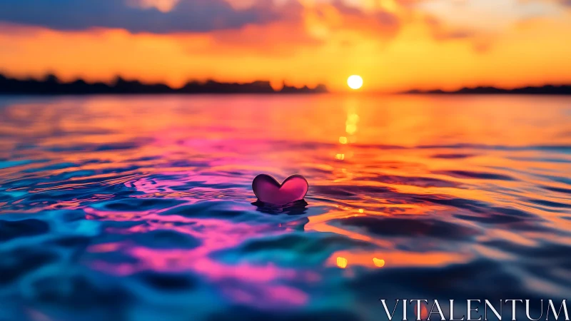 Luminescent Heart Floating on Water at Golden Hour Sunset