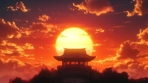 Temple silhouette aligned with oversized sun at fiery sunset
