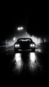Midnight classic car glowing softly on a rain-slick street.