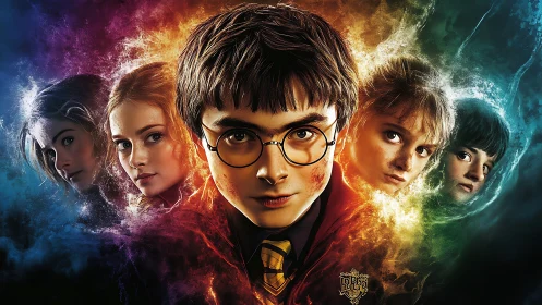 Central youth portrait with surrounding colorful character faces.