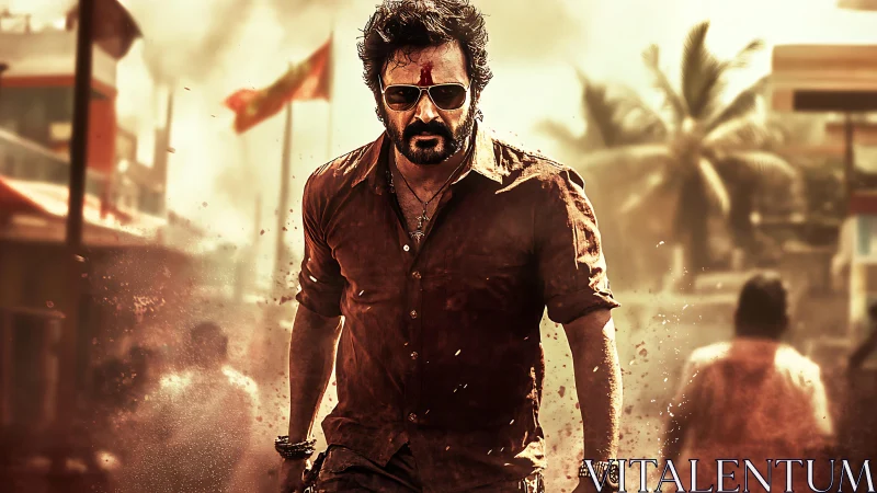 Defiant action hero strides through sunlit dusty street.