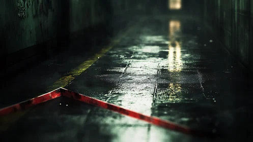 Glistening empty corridor with moody light and wet floor.