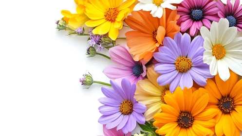 Vibrant Daisy Arrangement: Multi-Hued Floral Composition with Central White Space