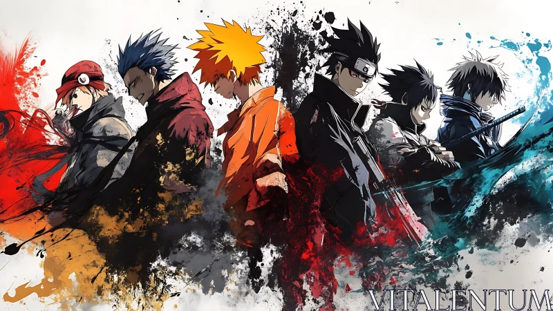 Elemental anime warriors stride through splintered color storms.