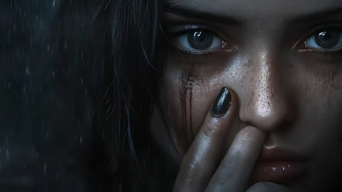 Close-up digital portrait shows injured face and intense gaze