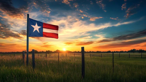 Lone star flag breathes color into a blazing prairie dusk