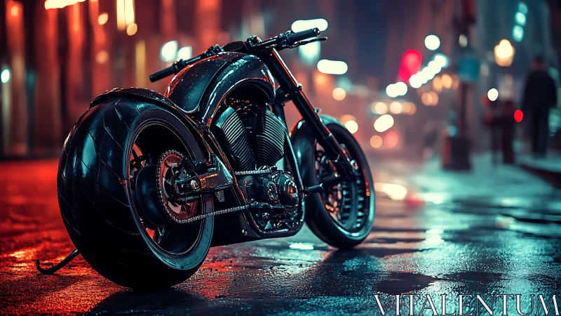 Custom motorcycle stands on wet urban street at night