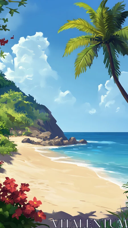 Tropical Coastal Beach Scene with Palm and Vegetation