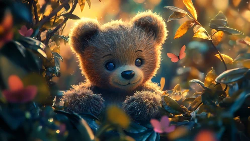 Furry plush teddy bear in glowing bokeh garden with butterflies