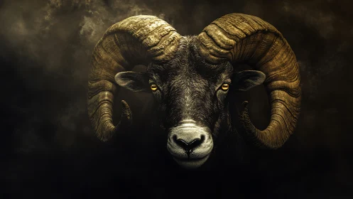 Steady gaze of a ram emerging from golden-shadowed mist.