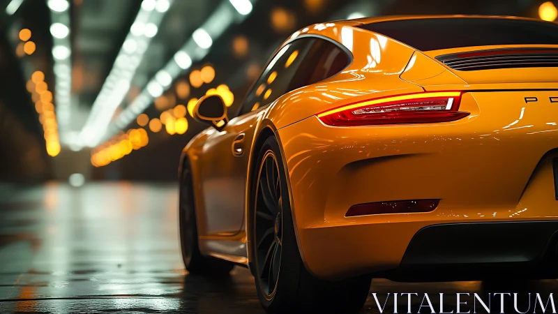 Rear three-quarter view of yellow sports coupe in tunnel.