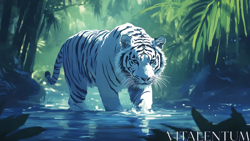 White tiger crossing shallow jungle stream in filtered light.