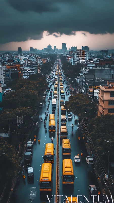 Stormy city avenue channels yellow buses through dense traffic