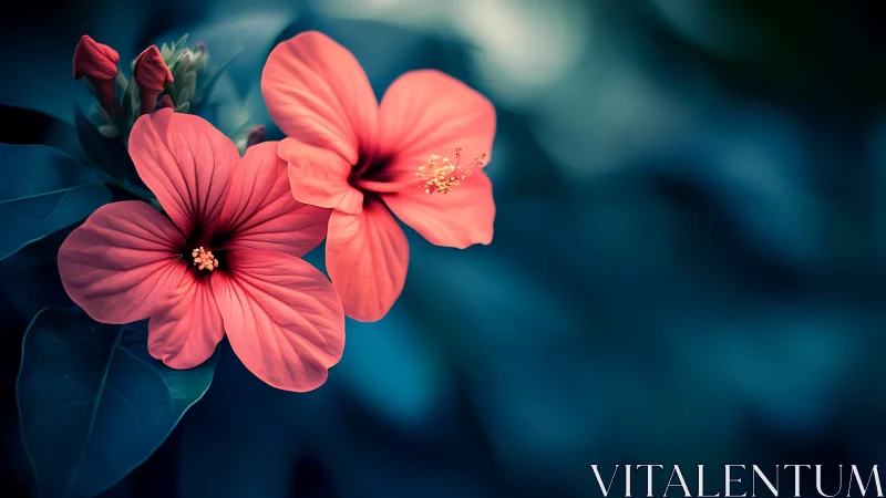 Coral Hibiscus Blooms Against Deep Teal Background.