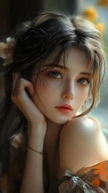 Digital portrait shows soft-lit young woman in close focus