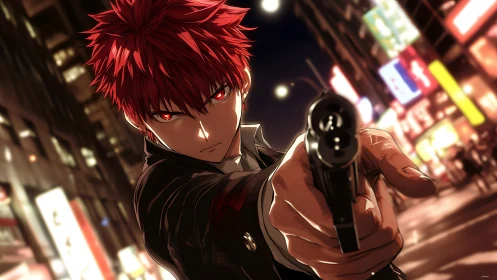 Red haired vigilante owning the neon city night standoff.