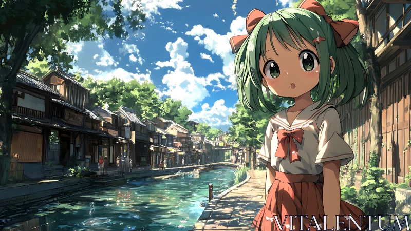 Anime girl in sailor uniform beside reflective canal street under noon light