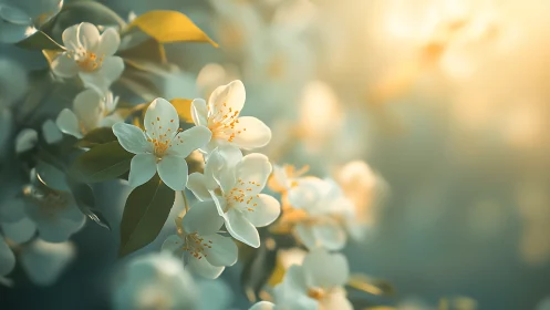Delicate white jasmine blossoms with golden stamens and soft focus background