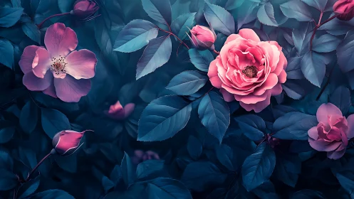 Pink roses with teal foliage in controlled color filtered composition.