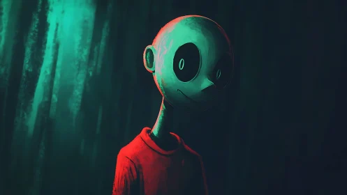 Mint-glow loner boy smiling softly in a painted forest hush.