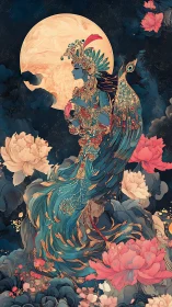 Moonlit peacock empress drifting through celestial blossoms.