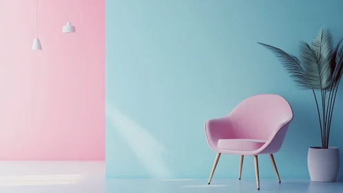 Pink accent chair in pastel blue and pink minimal interior.