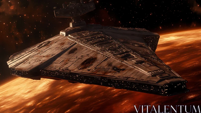 Massive imperial warship glides above volatile molten planet