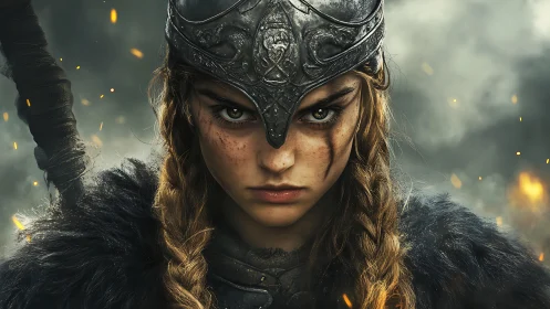 Fierce young shieldmaiden gazes through swirling battlefire.