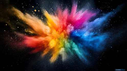 Explosive burst of rainbow powder against deep black space.