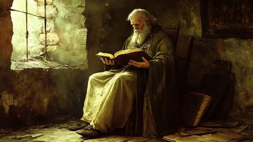 Elderly robed scholar reads a large book beside window