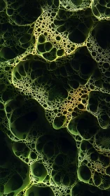 Fractal green cellular network with glowing porous forms.