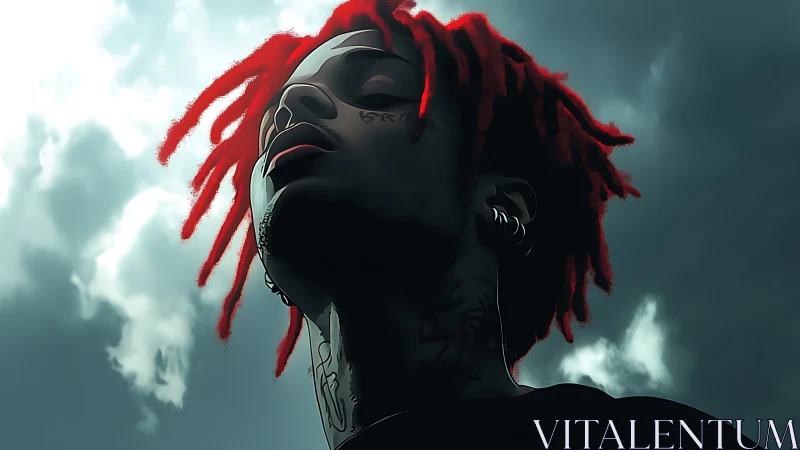 Red dreadlocks carve electric silhouettes against stormclouds