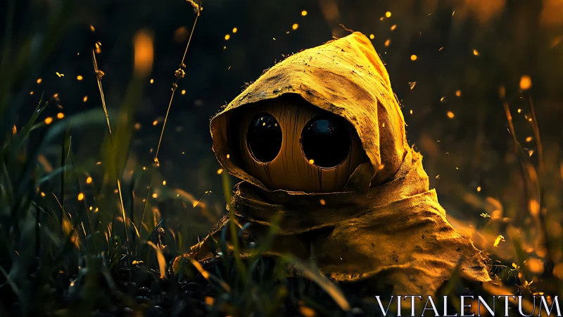 Hooded wooden figure with large eyes sits in tall grass