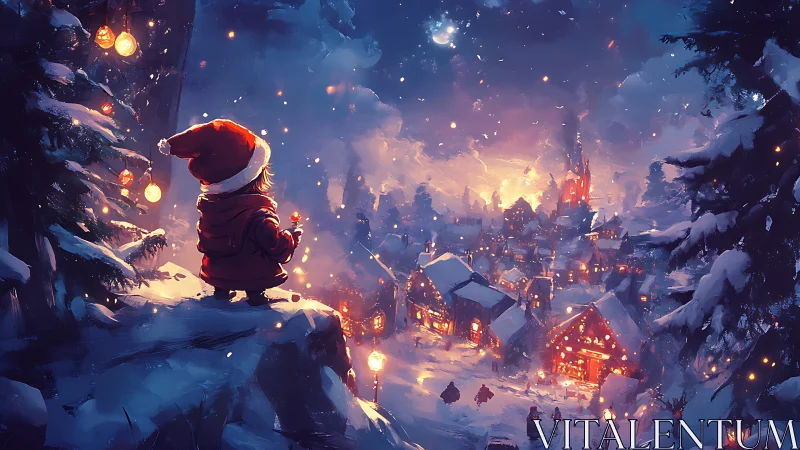 Child in red coat watching a glowing winter village below.