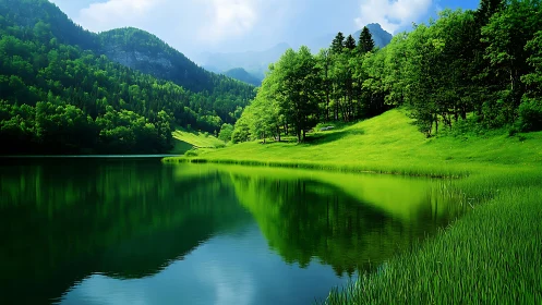 Emerald mountain lake reflects vivid spring forest panorama.