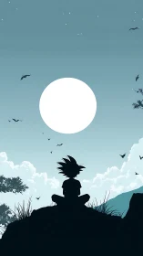 Silhouetted figure seated before large moon in landscape.